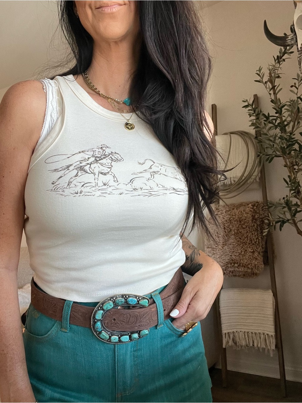 Cream Graphic Ribbed Tank Top - Unbranded